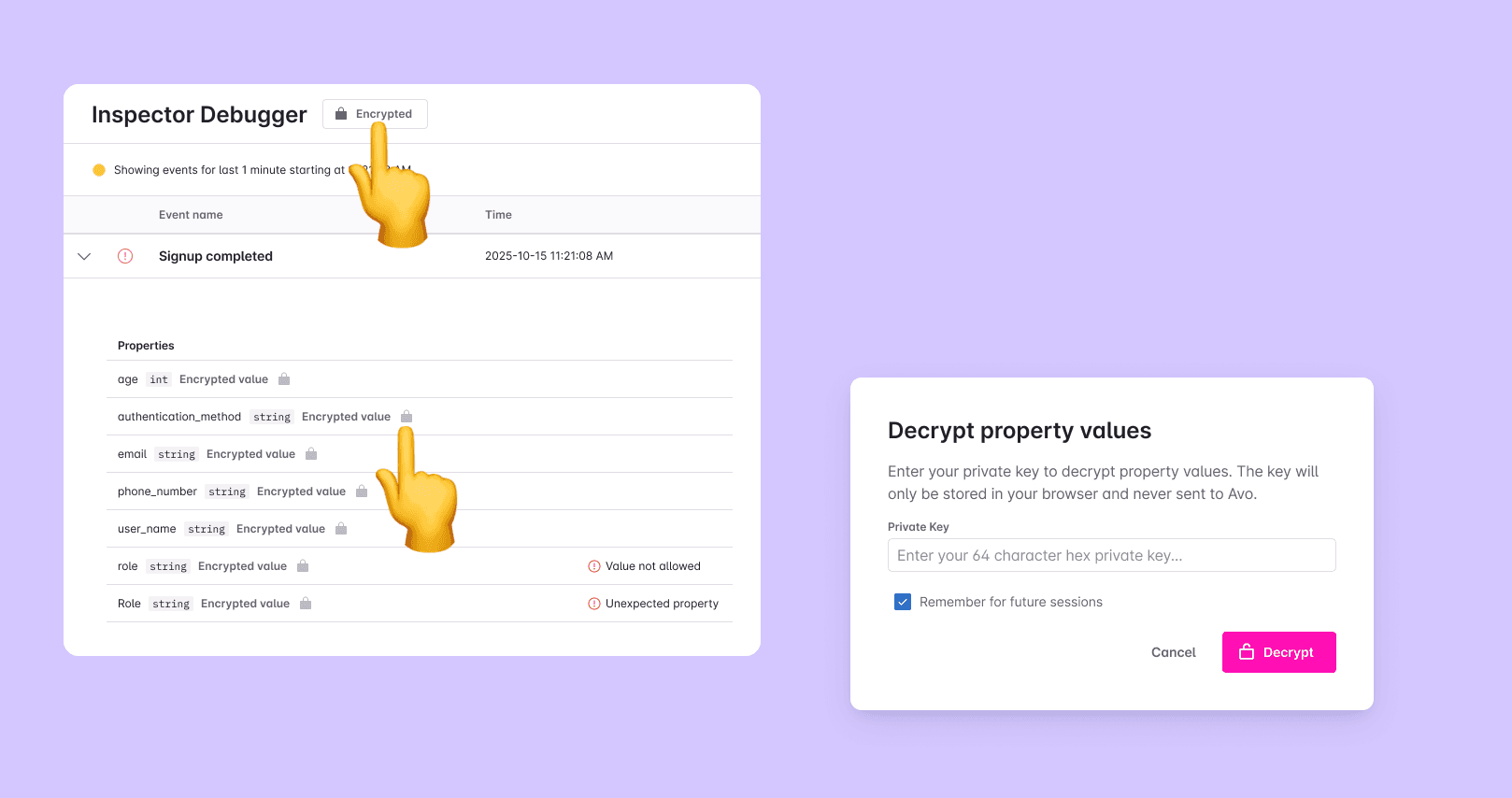 Decrypt property values dialog